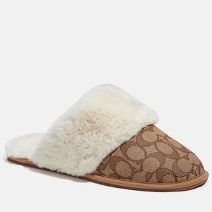 NWT Coach Ziva Slippers Signature Jacquard With Faux Fur In Khaki